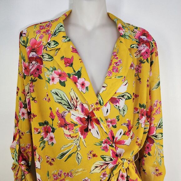 Kut From The Kloth Womens Blouse Large Floral Felicity Wrap Top Tie Waist Yellow - Picture 5 of 10